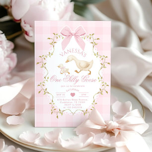 One Silly Goose Pink Bow Girl 1st Birthday Invitation