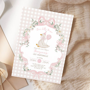 One Silly Goose Pink Bow Girl 1st Birthday Invitation