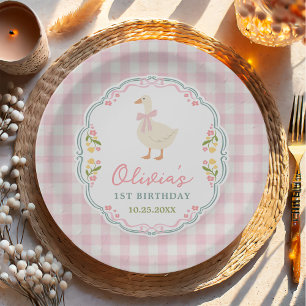 One Silly Goose Pink Bow Girl 1st Birthday Paper Plate