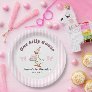 One Silly Goose Pink Bow Girl 1st Birthday Party Paper Plate