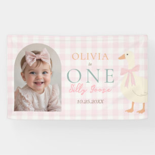  One Silly Goose Pink Bow Girl 1st Birthday Photo Banner