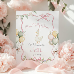 One Silly Goose Pink Bow Girl 1st Birthday Welcome Poster