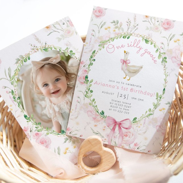 One Silly Goose Pink Bow Girl Photo 1st Birthday Invitation (Creator Uploaded)