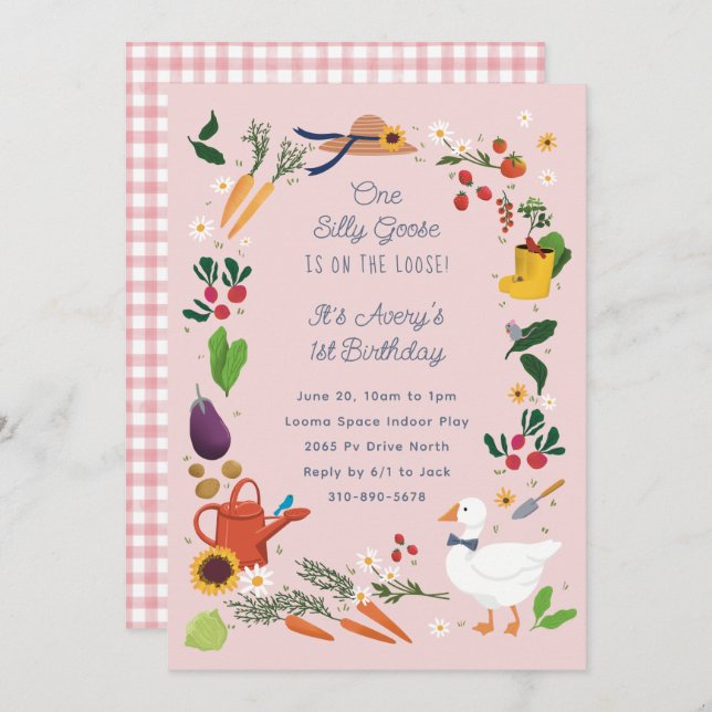 One Silly Goose Pink Farmer Garden Theme Birthday Invitation (Front/Back)