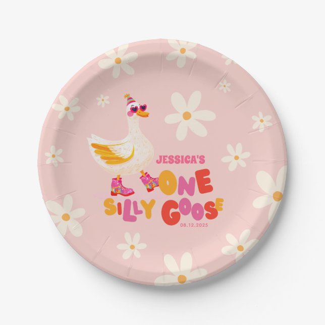 One Silly Goose Pink Festive Kids' Birthday Party  Paper Plate (Front)