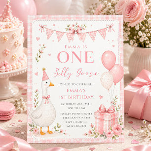 One Silly Goose Pink Floral 1st Birthday Invitation