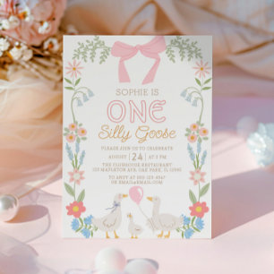 One Silly Goose Pink Floral 1st Birthday Invitation