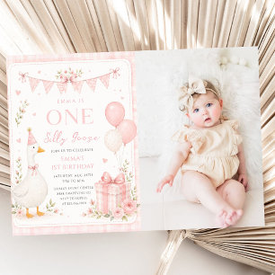 One Silly Goose Pink Floral 1st Birthday Photo Invitation
