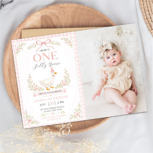 One Silly Goose Pink Floral 1st Birthday Photo Invitation