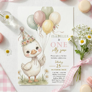 One Silly Goose Pink Floral Girl 1st Birthday Invitation