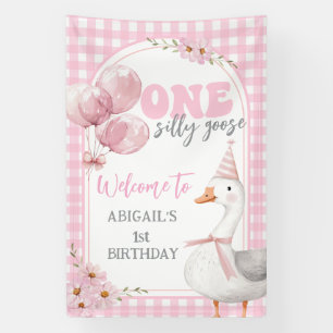 ONE SILLY GOOSE PINK GINGHAM 1ST BIRTHDAY BANNER