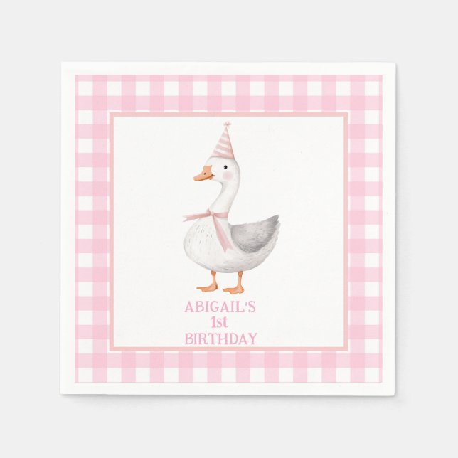 ONE SILLY GOOSE PINK GINGHAM 1ST BIRTHDAY NAPKIN (Front)