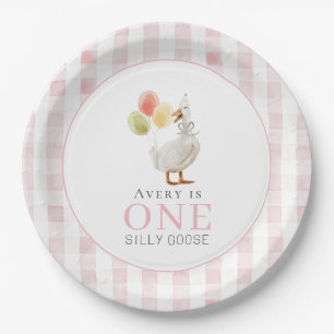 One Silly Goose Pink Gingham 1st Birthday Paper Plate