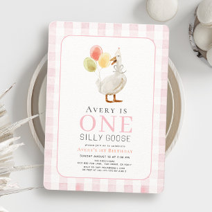 One Silly Goose Pink Gingham Girl 1st Birthday Invitation