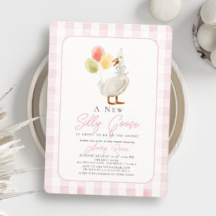 One Silly Goose Pink Gingham Girl Baby Shower Invitation