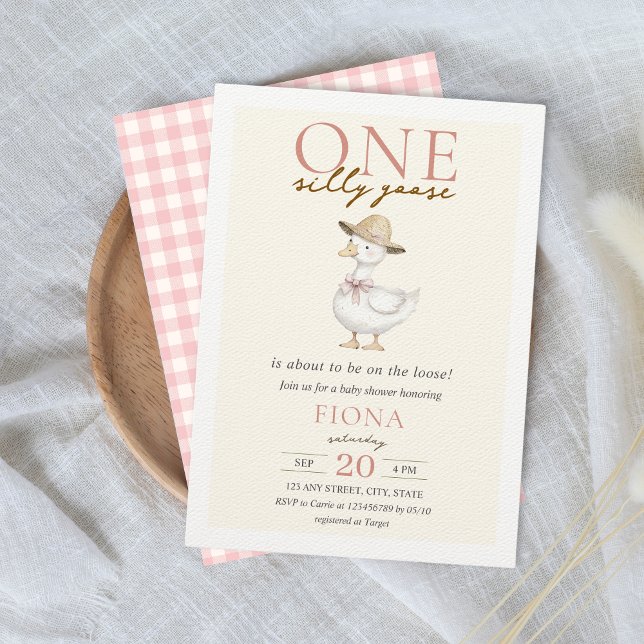 One Silly Goose Pink Gingham Girl Baby Shower Invitation (One Silly Goose is about to be on the loose baby shower theme girl pink gingham Aesthetic Farm)