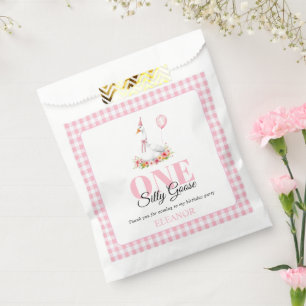 One silly goose, pink gingham girl's 1st birthday favour bag