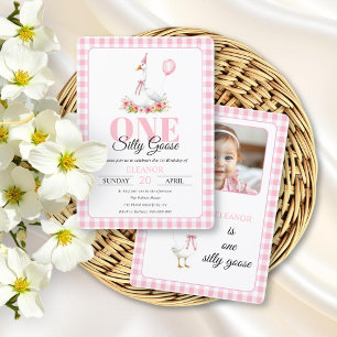 One silly goose, pink gingham girl's 1st birthday  invitation
