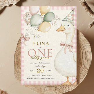 One Silly Goose Pink Gingham Girl's 1st Birthday Invitation