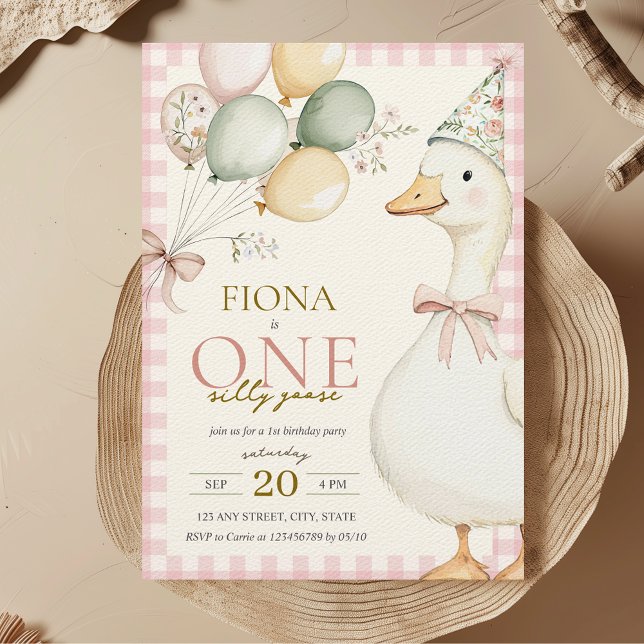 One Silly Goose Pink Gingham Girl's 1st Birthday Invitation (One Silly Goose 1st Birthday Party Theme Girl Pink Gingham Aesthetic Mother Goose Cute Modern)