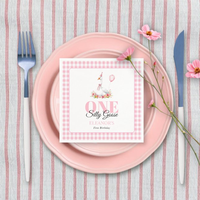 One silly goose, pink gingham girl's 1st birthday napkin (Creator Uploaded)