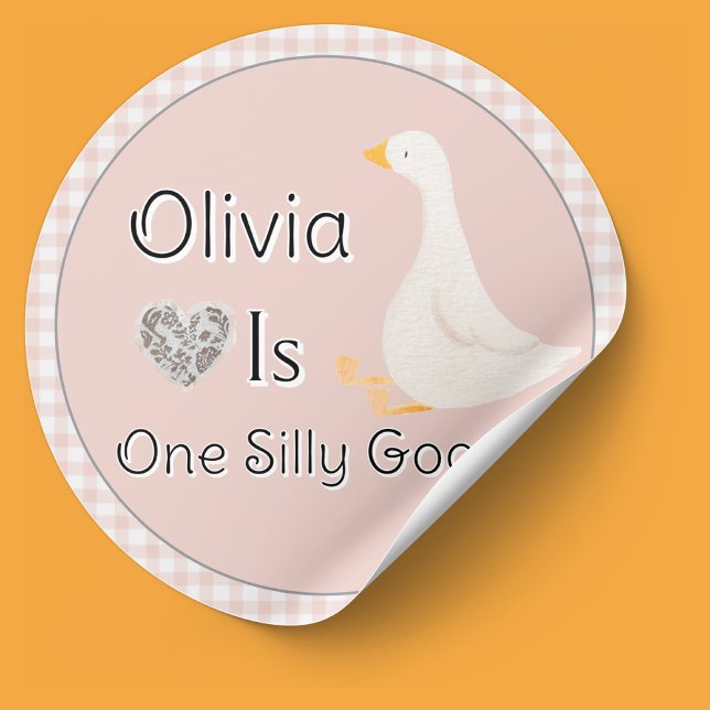 One Silly Goose Pink Gingham Girl's Birthday Party Classic Round Sticker (One Silly Goose Girl First Birthday Stickers)