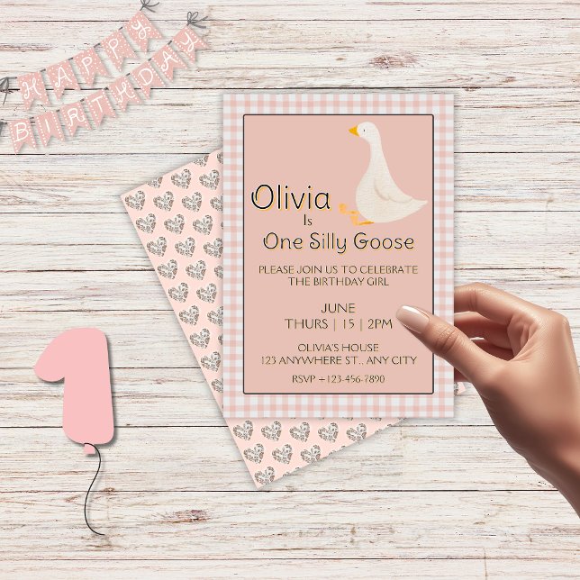 One Silly Goose Pink Gingham Girl's Birthday Party Invitation (One Silly Goose Pink Gingham Girl's Birthday Party Invitation)