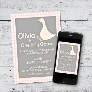 One Silly Goose Pink Gingham Girl's Birthday Party Invitation