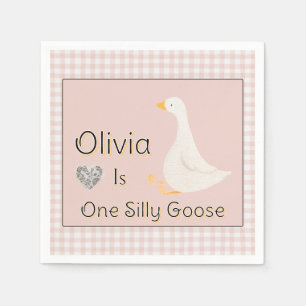 One Silly Goose Pink Gingham Girl's Birthday Party Napkin