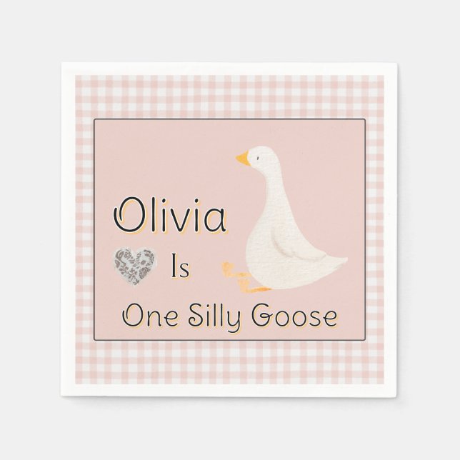 One Silly Goose Pink Gingham Girl's Birthday Party Napkin (Front)