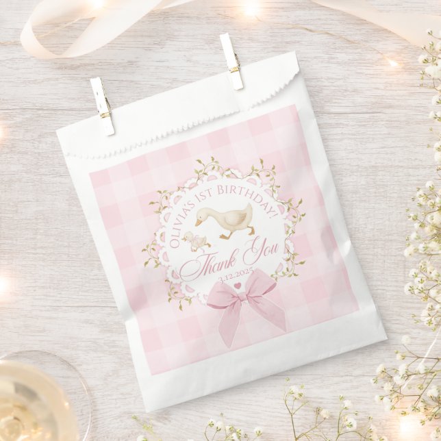 One Silly Goose Pink Gingham Whimsical Thank you Favour Bag (Clipped)