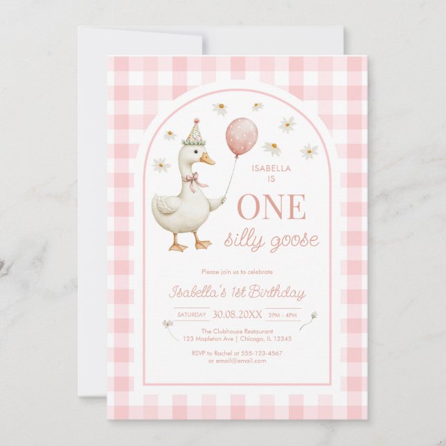 One Silly Goose Pink Girl 1st Birthday Invitation (Front)