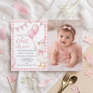 One Silly Goose Pink Girl 1st Birthday Invitation