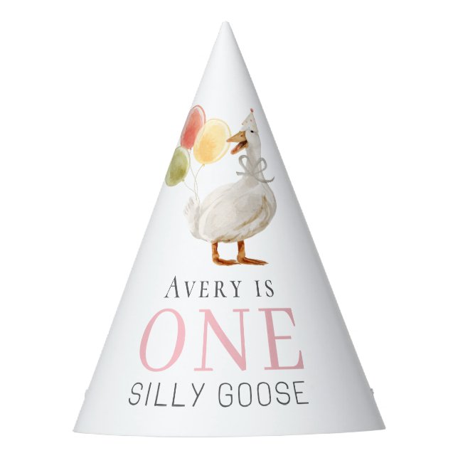 One Silly Goose Pink Girl 1st Birthday Party Hat (Front)