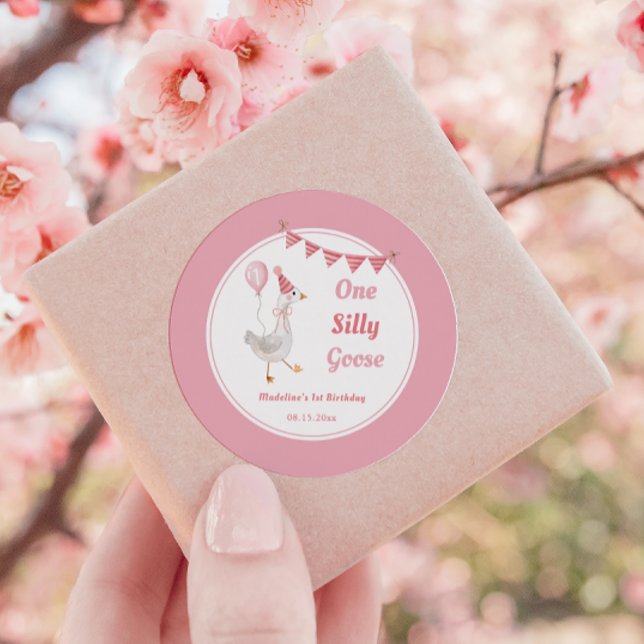 One Silly Goose Pink Girl Birthday Classic Round Sticker (Creator Uploaded)