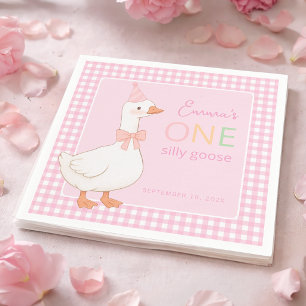 One Silly Goose Pink Girl First Birthday Party Hat Napkin