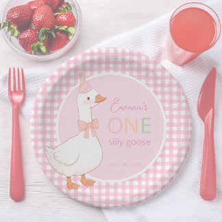 One Silly Goose Pink Girl First Birthday Party Hat Paper Plate