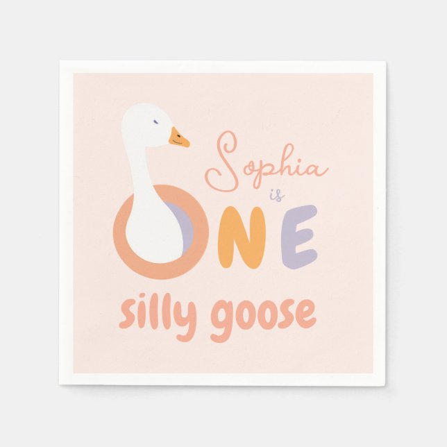 One Silly Goose Pink Girl First Birthday Party   Napkin (Front)