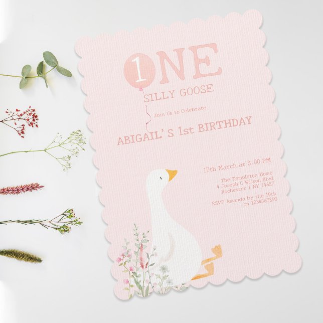 One Silly Goose Pink Girls 1st Birthday Invitation (Creator Uploaded)