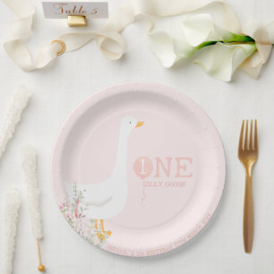 One Silly Goose Pink Girls 1st Birthday Paper Plate