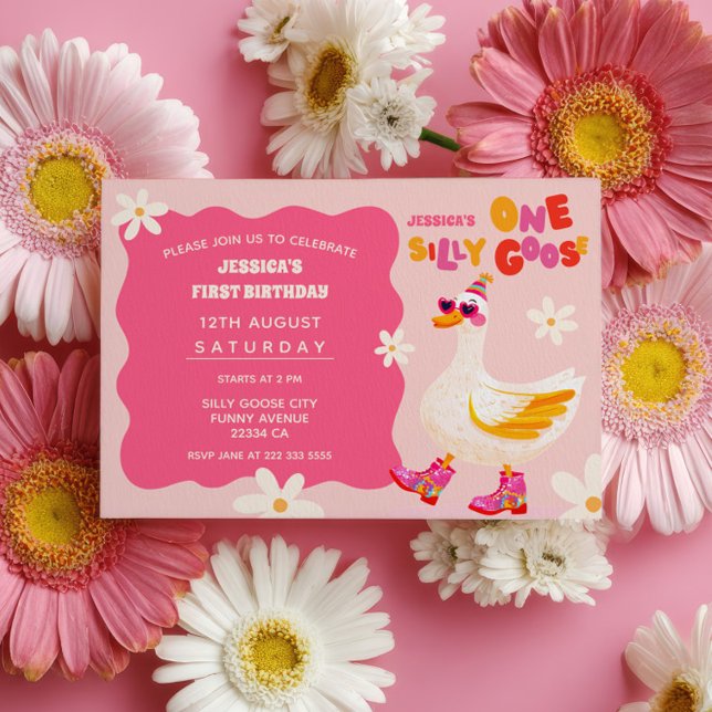 One Silly Goose Pink Girls Summer Kids' Birthday  Invitation (Creator Uploaded)