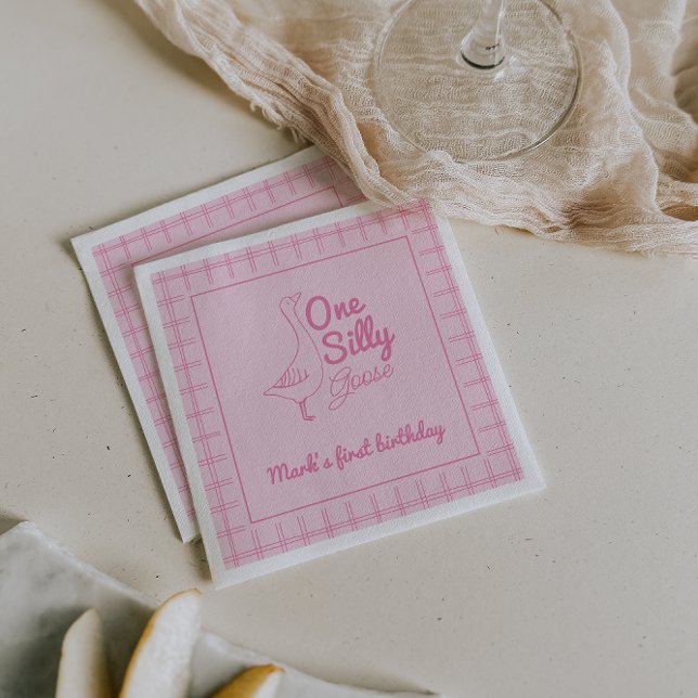 One Silly Goose Pink Hand Drawn Girl 1st Birthday  Napkin (Creator Uploaded)