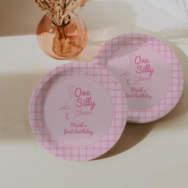 One Silly Goose Pink Hand Drawn Girl 1st Birthday  Paper Plate (Creator Uploaded)