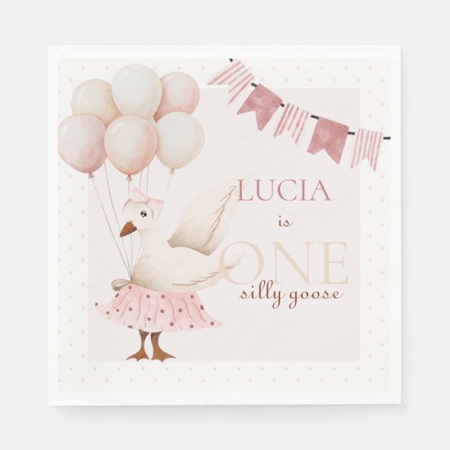 One Silly Goose Pink Pastel 1st Birthday Napkin (Front)