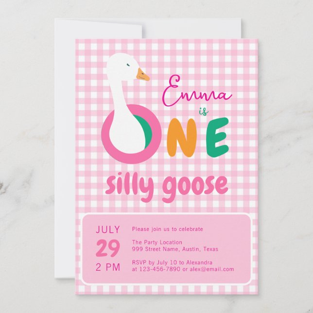 One Silly Goose Pink Plaid Girl 1st Birthday Party Invitation (Front)