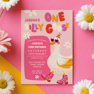 One Silly Goose Pink Retro Kids First Birthday Invitation