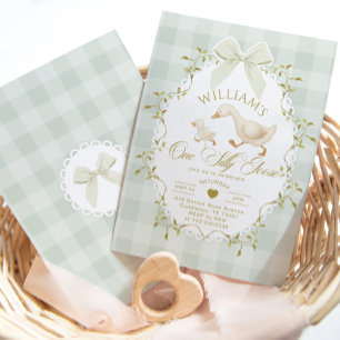 One Silly Goose Pistachio Gingham 1st Birthday Invitation