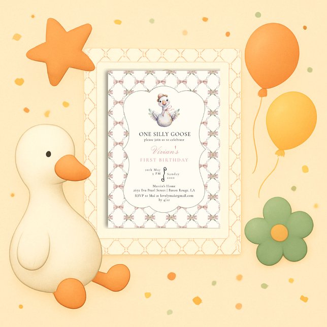 One Silly Goose Preppy Bow 1st Birthday Invitation (Creator Uploaded)