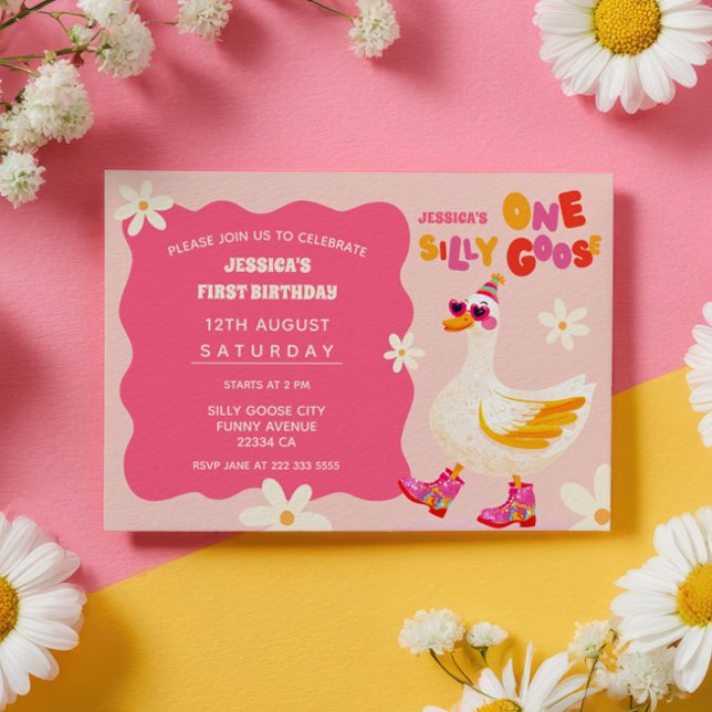 One Silly Goose Retro Pink Summer Kids' Birthday  Invitation (Creator Uploaded)