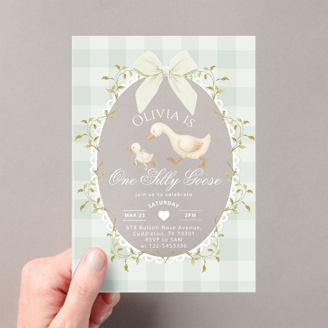 One Silly Goose Sage Gingham Bow girl 1st Birthday Acrylic Invitations (Insitu (Handheld))